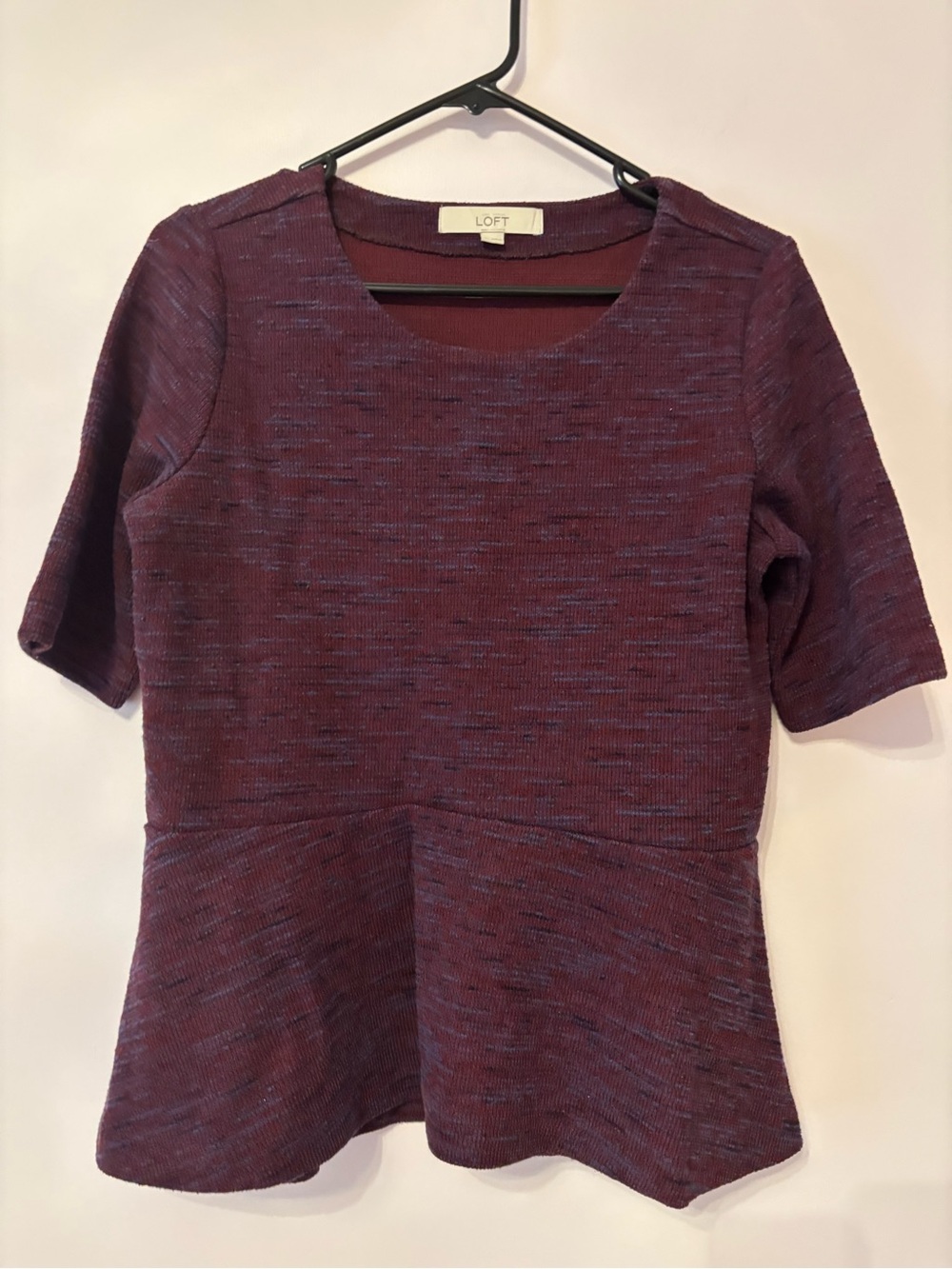 LOFT Plum Heathered Short-Sleeve Peplum Top Size M